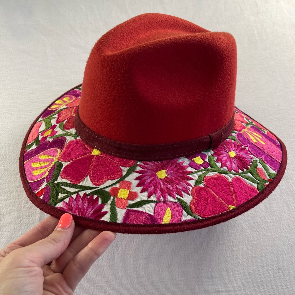 Embroidered Red Fedora cowgirl hat with Pink Floral Brim boho Mexican